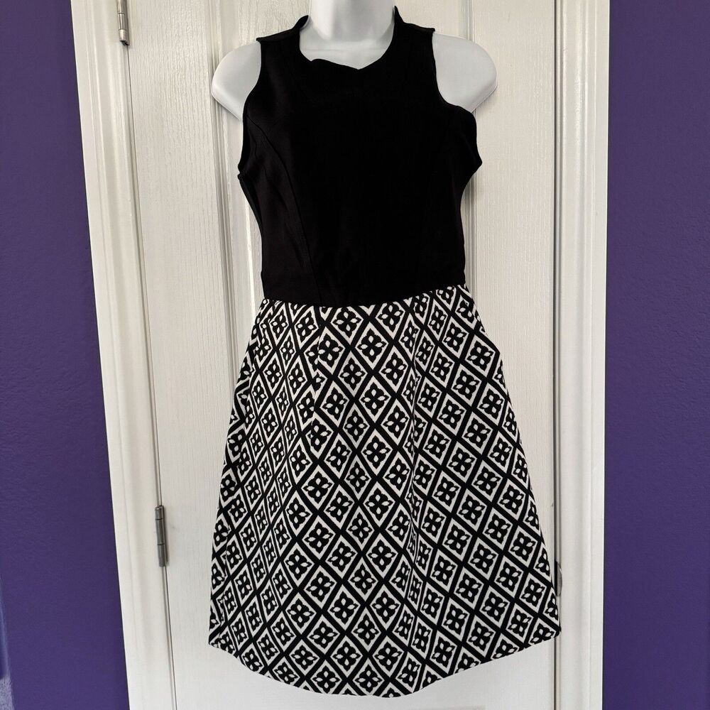 Lucky Brand Geometric Jacquard Black White Sleeveless Dress Pockets Size 6 NWOT